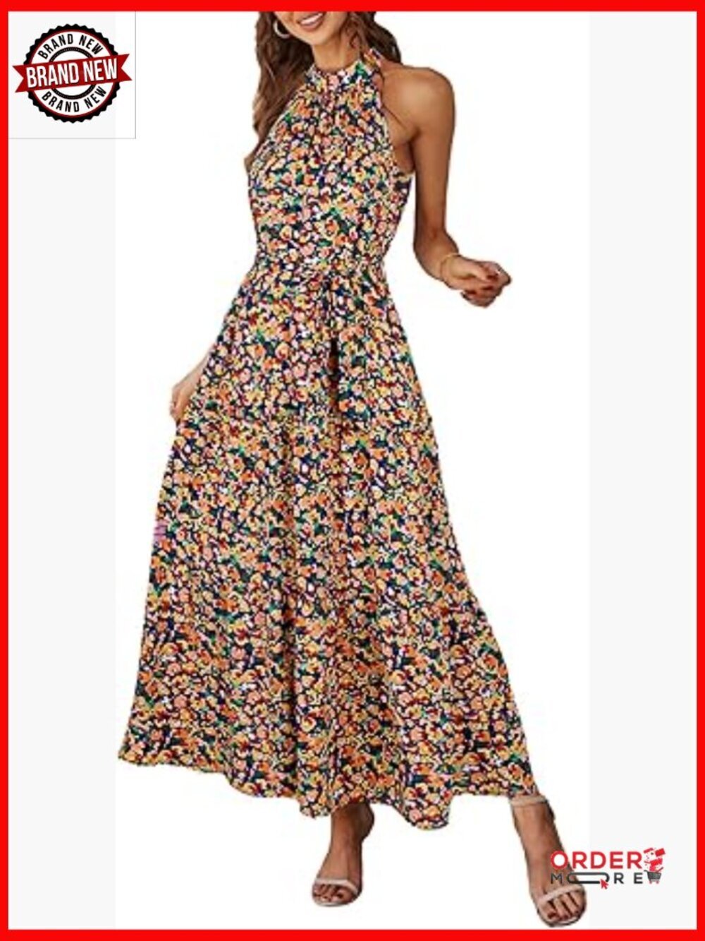 Halter Neck Maxi Sundress with Belt Sleeveless Flowy Ruffle Boho Dress